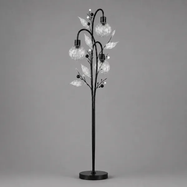 Crystal berry botanical floor lamp on grey background unlit — tall black metal botanical tree form with three ribbed glass globe cages, clear ribbed glass leaves and black and pearl bead sprays