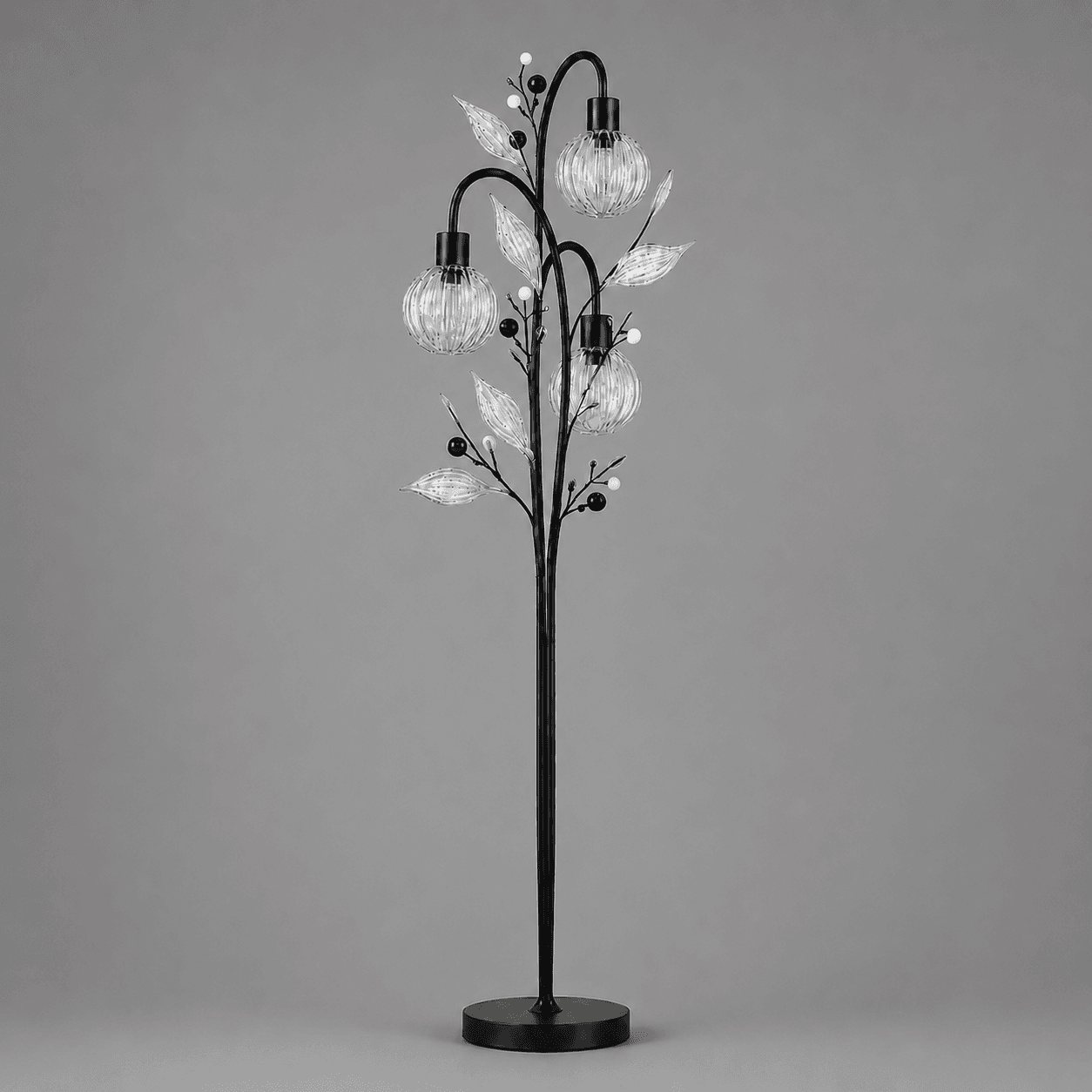Crystal Berry Botanical Floor Lamp — 3-Light Ribbed Glass Globe & Leaf Tree 3 Crystal berry botanical floor lamp on grey background unlit — tall black metal botanical tree form with three ribbed glass globe cages, clear ribbed glass leaves and black and pearl bead sprays