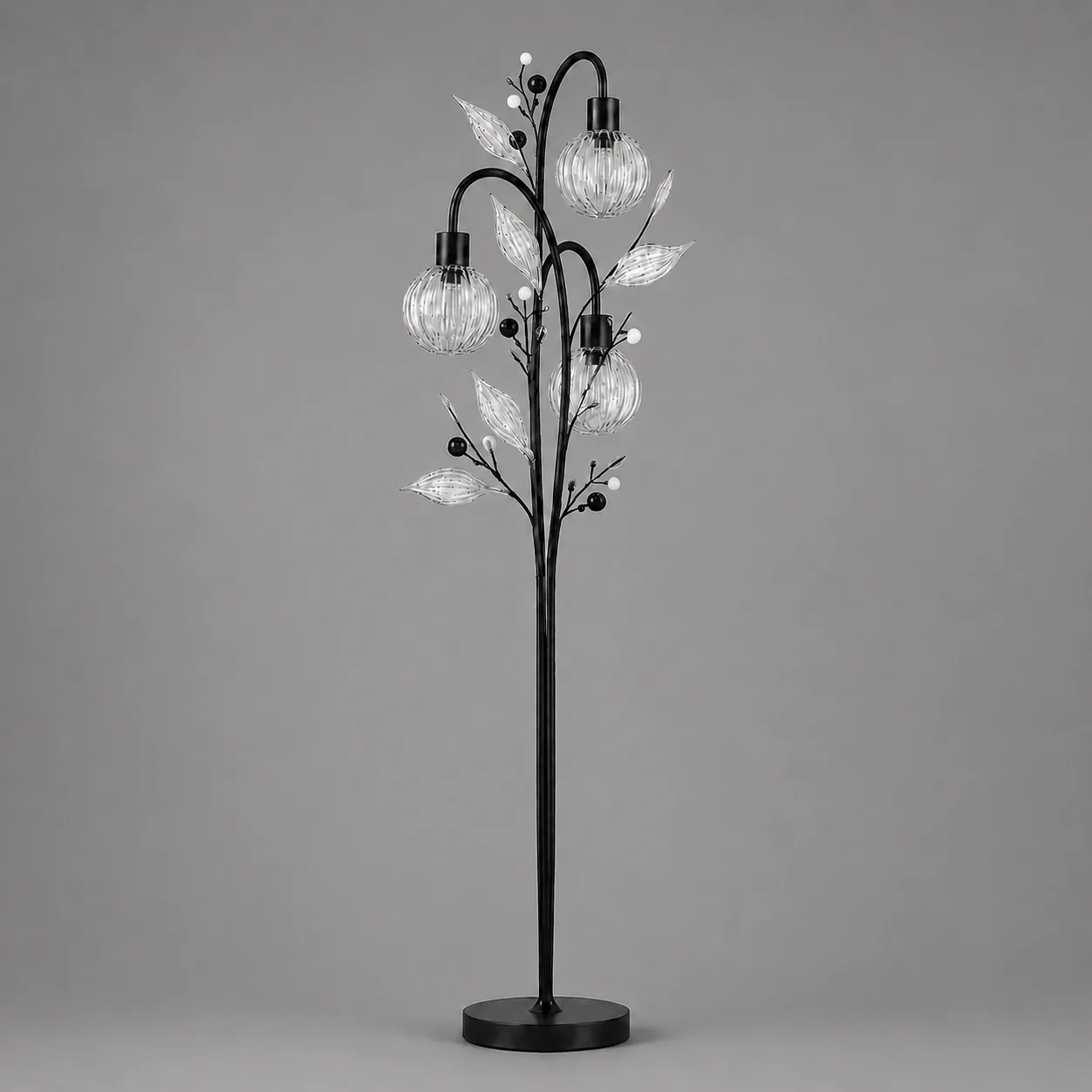 Crystal Berry Botanical Floor Lamp – 3-Light Ribbed Glass Globe Tree 3 Crystal berry botanical floor lamp on grey background unlit — tall black metal botanical tree form with three ribbed glass globe cages, clear ribbed glass leaves and black and pearl bead sprays