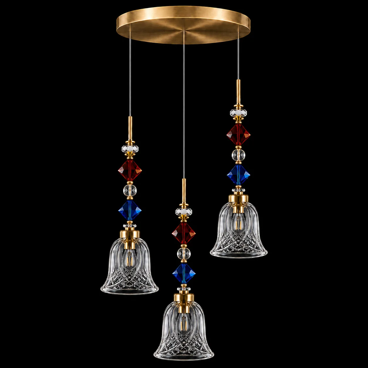 Crystal Bell Pendant Light – 3-Light Cluster with Coloured Crystal Beads | Jagmag Lights 3 3-light crystal bell pendant light — faceted glass shades and alternating red blue crystal beads