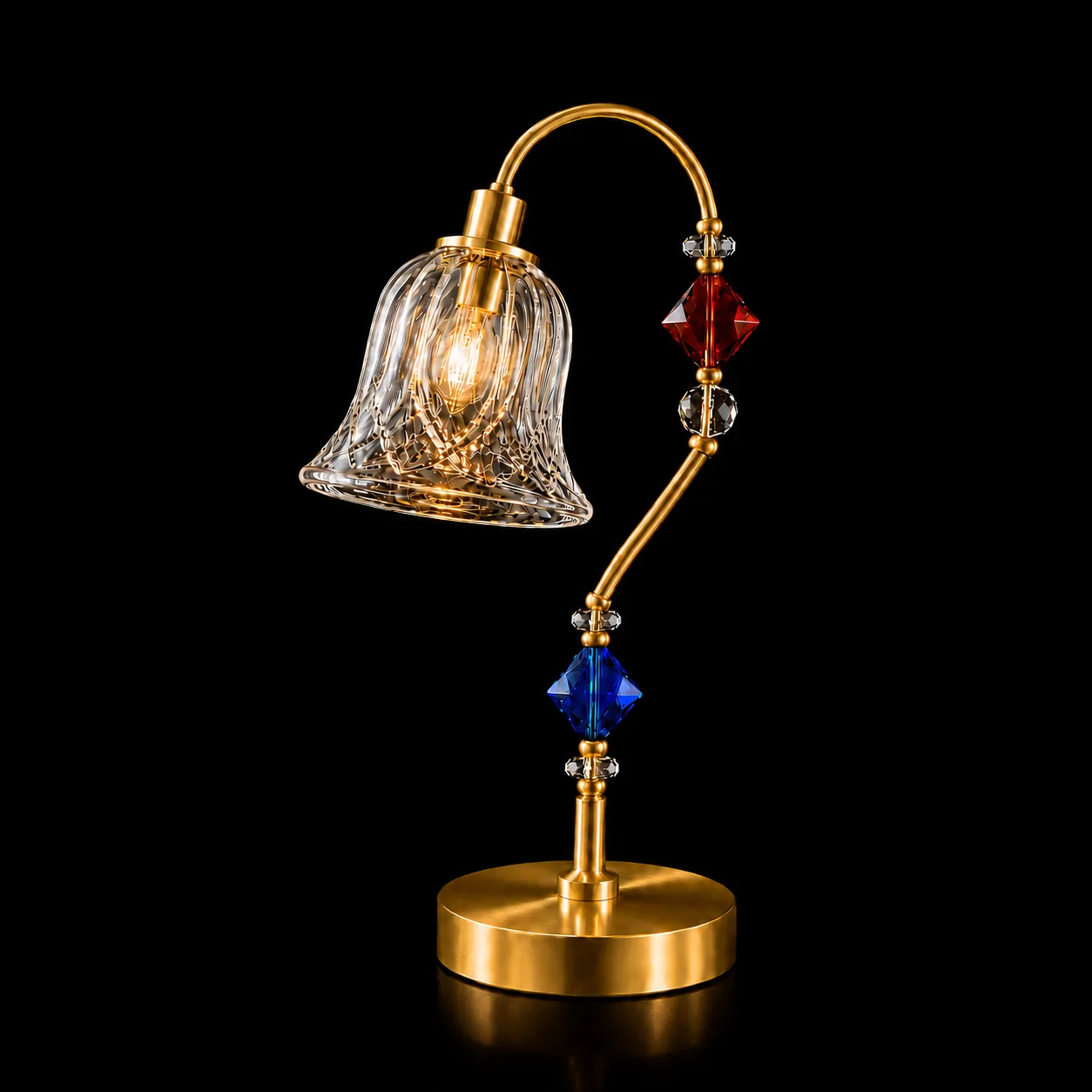 Single Glass Table Lamp — Cut Glass Bell Sconce 4 Single glass table lamp on black background — diagonal-lattice cut-glass bell shade glowing amber from E14 filament bulb, red and blue diamond crystal beads on stem