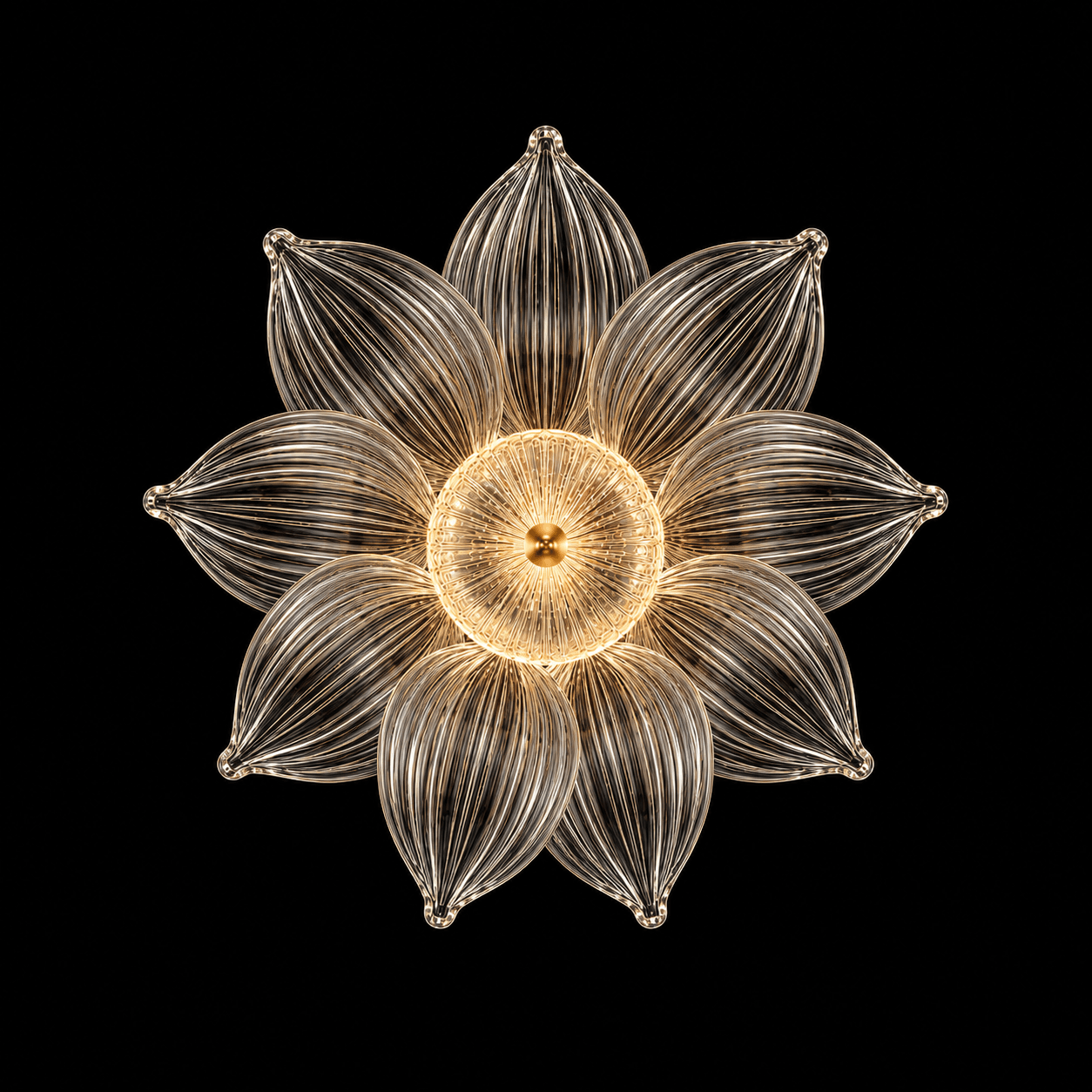 Glass Petal Pendant Light — Ribbed Flower Shade with Coloured Orb Collar 4 Glass petal pendant light bottom view lit — eight ribbed glass petals in star pattern around gold centre, warm amber glow from E27 filament bulb