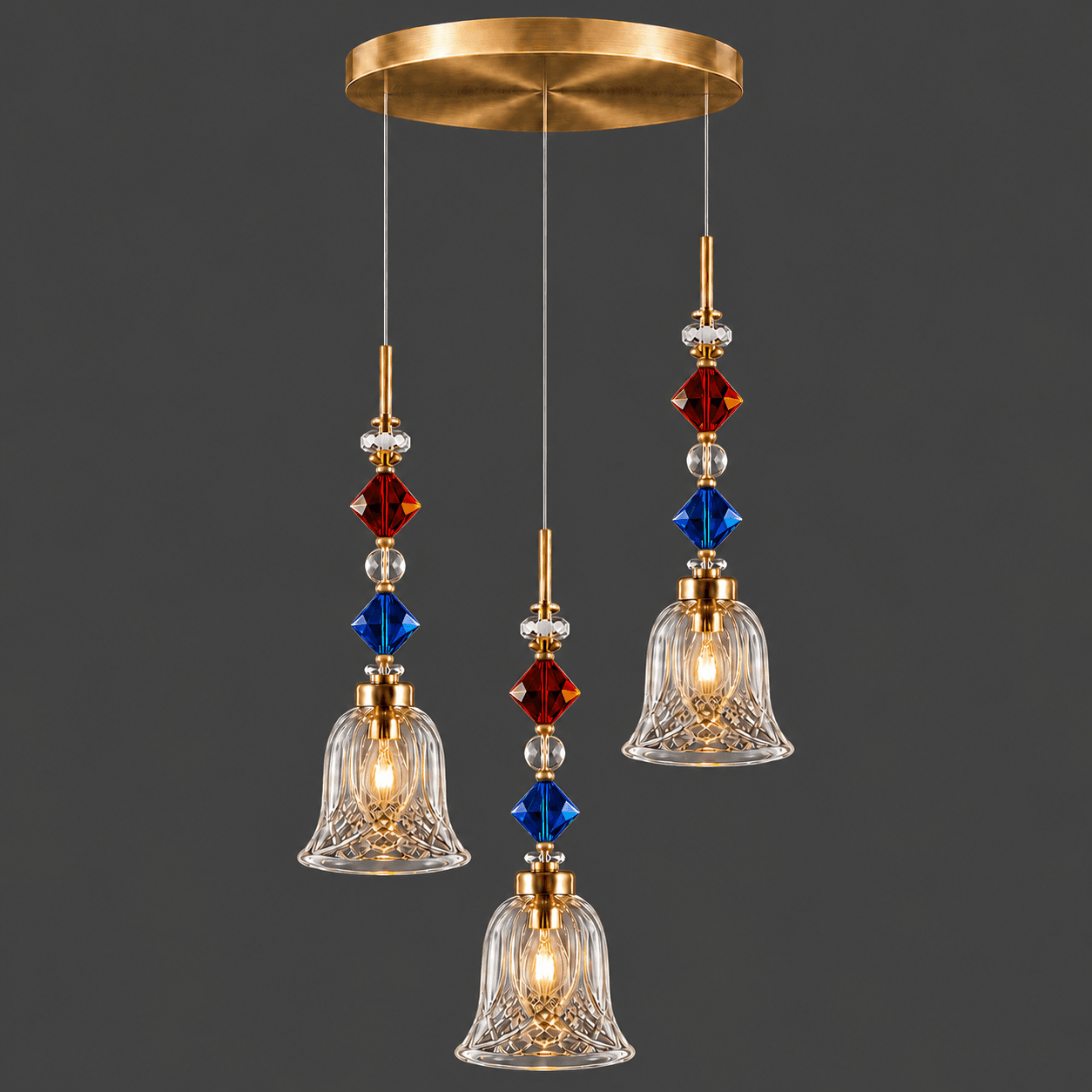 Crystal Bell Pendant Light – 3-Light Cluster with Coloured Crystal Beads | Jagmag Lights 4 Crystal bell pendant light on grey background — satin gold canopy with staggered pendant heights