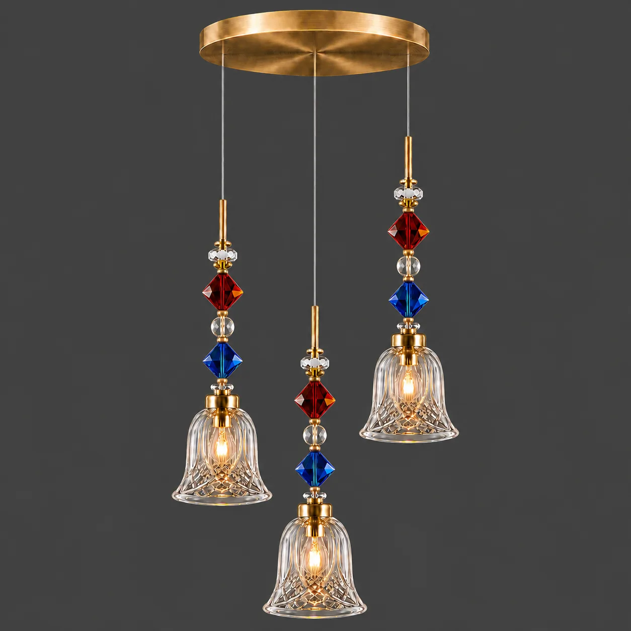 Crystal Bell Pendant Light – 3-Light Cluster with Coloured Crystal Beads | Jagmag Lights 4 Crystal bell pendant light on grey background — satin gold canopy with staggered pendant heights