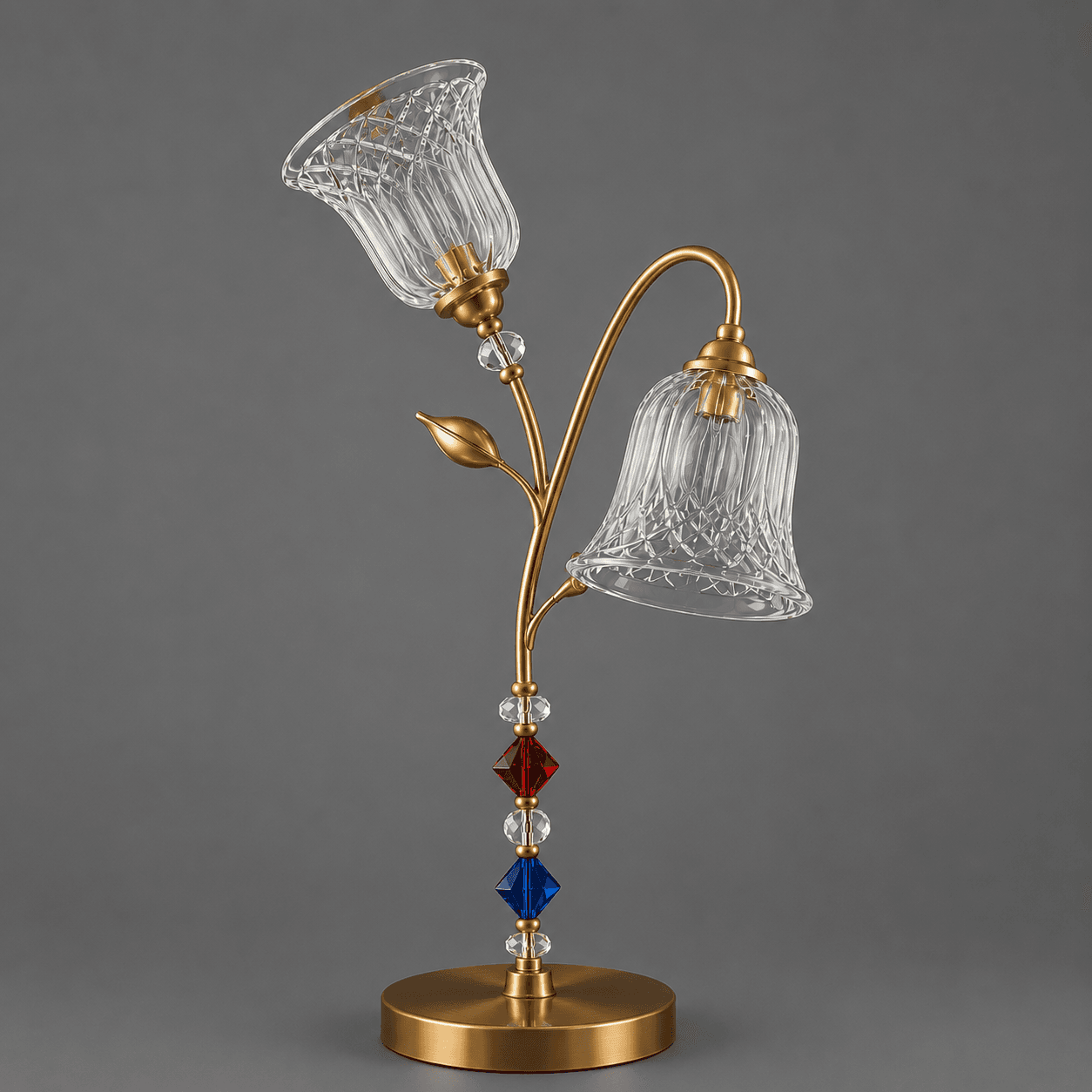 Double Glass Table Lamp – Twin Cut-Glass Bell Sconce with Crystal Bead Stem | Jagmag Lights 5 Double glass table lamp side profile on grey background — decorative pressed-gold leaf at stem fork, red and blue diamond bicone crystals