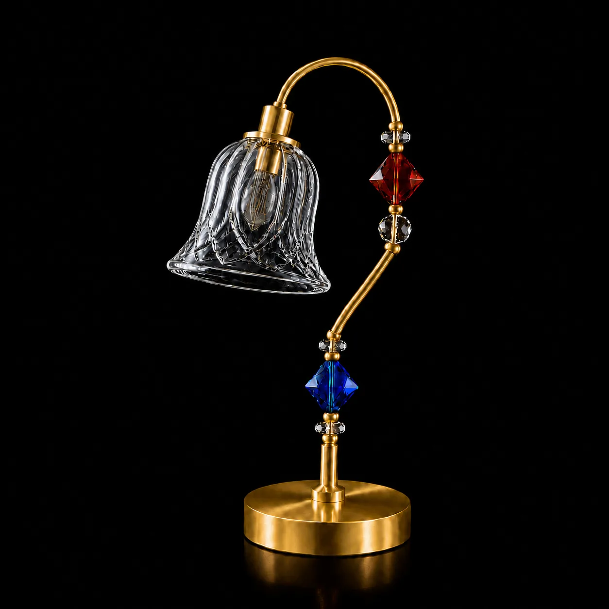 Single Glass Table Lamp — Cut Glass Bell Sconce 5 Single glass table lamp unlit on black background — satin gold arc arm and Ø120 mm cut-glass bell shade detail, crystal bead stem with red and blue bicone accents