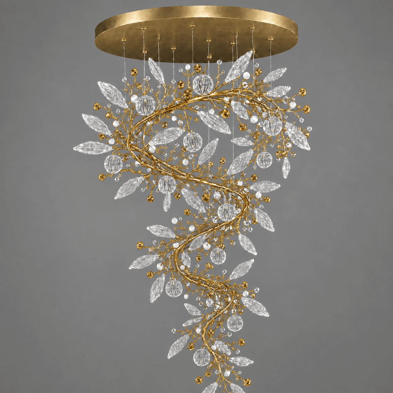 Crystal Vine Foyer Chandelier — Spiral Leaf & Globe Crystal Cascade 5 Crystal vine foyer chandelier upper section on grey background — satin gold arc branches, clear marquise crystal leaves and ribbed globe crystal pendants
