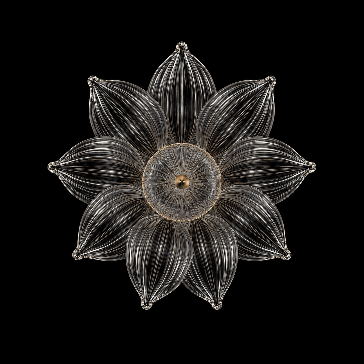 Glass Petal Pendant Light — Ribbed Flower Shade with Coloured Orb Collar 5 Glass petal pendant light bottom view unlit — eight ribbed glass petals in daisy-star arrangement, gold dome centre, clear ribbed glass texture detail