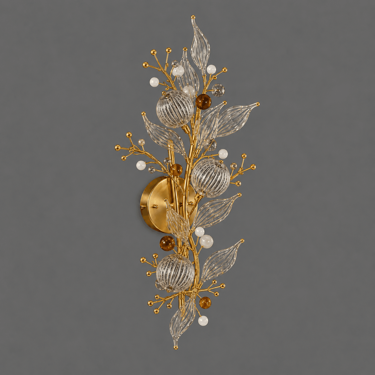 Crystal Botanical Wall Sconce — 3-Light Glass Globe & Leaf Bouquet 5 Crystal botanical wall sconce on grey background unlit — gold metal botanical bouquet with three clear ribbed glass globe shades, glass leaf and bead accents