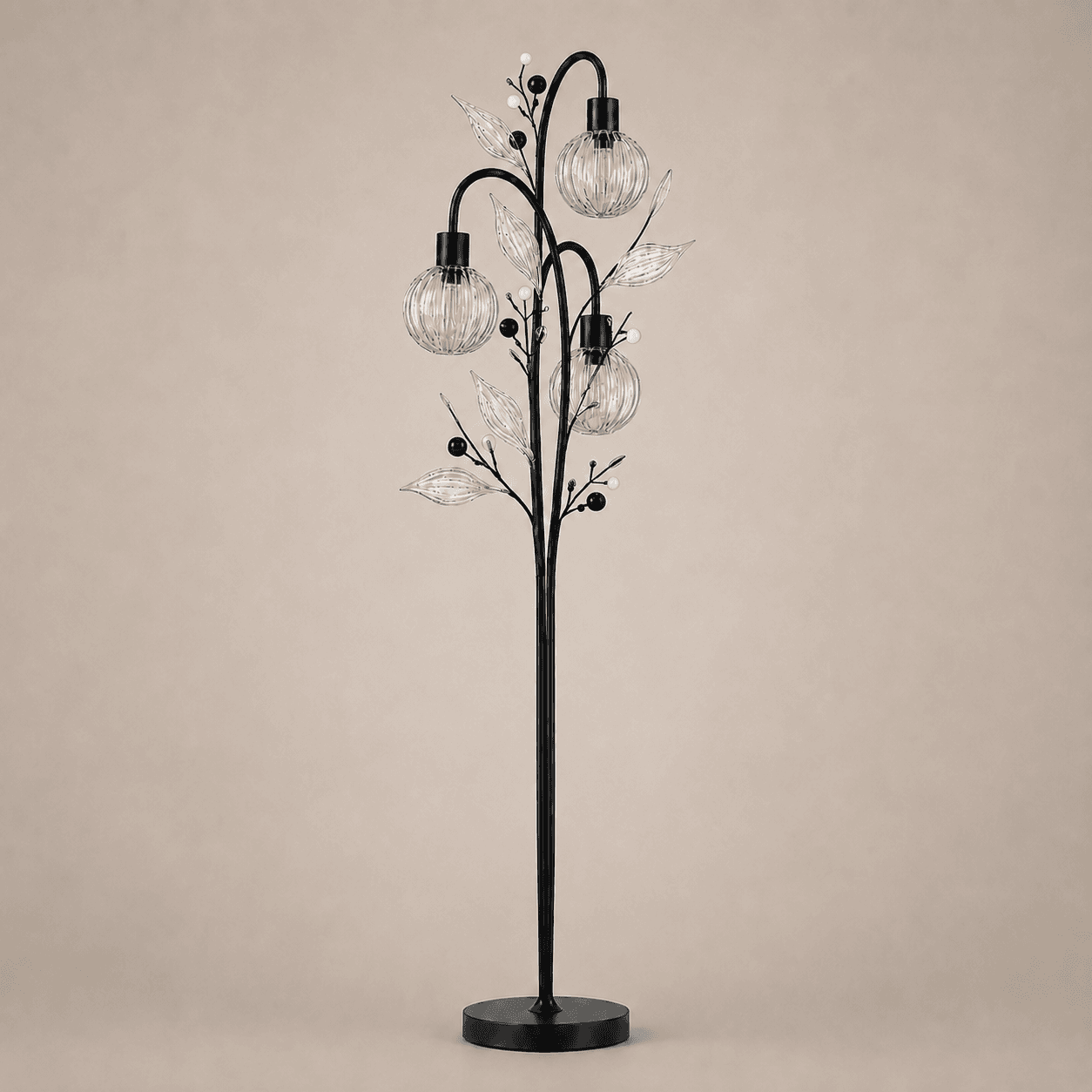 Crystal Berry Botanical Floor Lamp — 3-Light Ribbed Glass Globe & Leaf Tree 5 Crystal berry botanical floor lamp on warm beige background unlit — black metal tree with three ribbed glass globe cages, clear ribbed glass leaves, matte black and white pearl glass beads