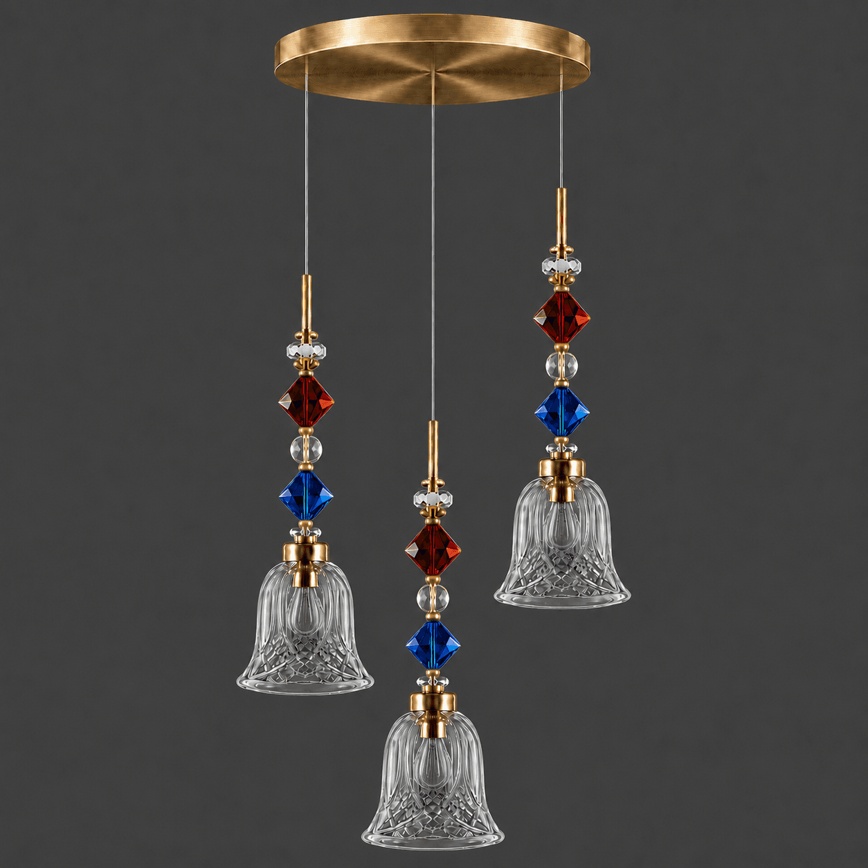 Crystal Bell Pendant Light – 3-Light Cluster with Coloured Crystal Beads | Jagmag Lights 5 Crystal bell pendant cluster grey background — 120 mm cut-glass bell shades JagMag Lights