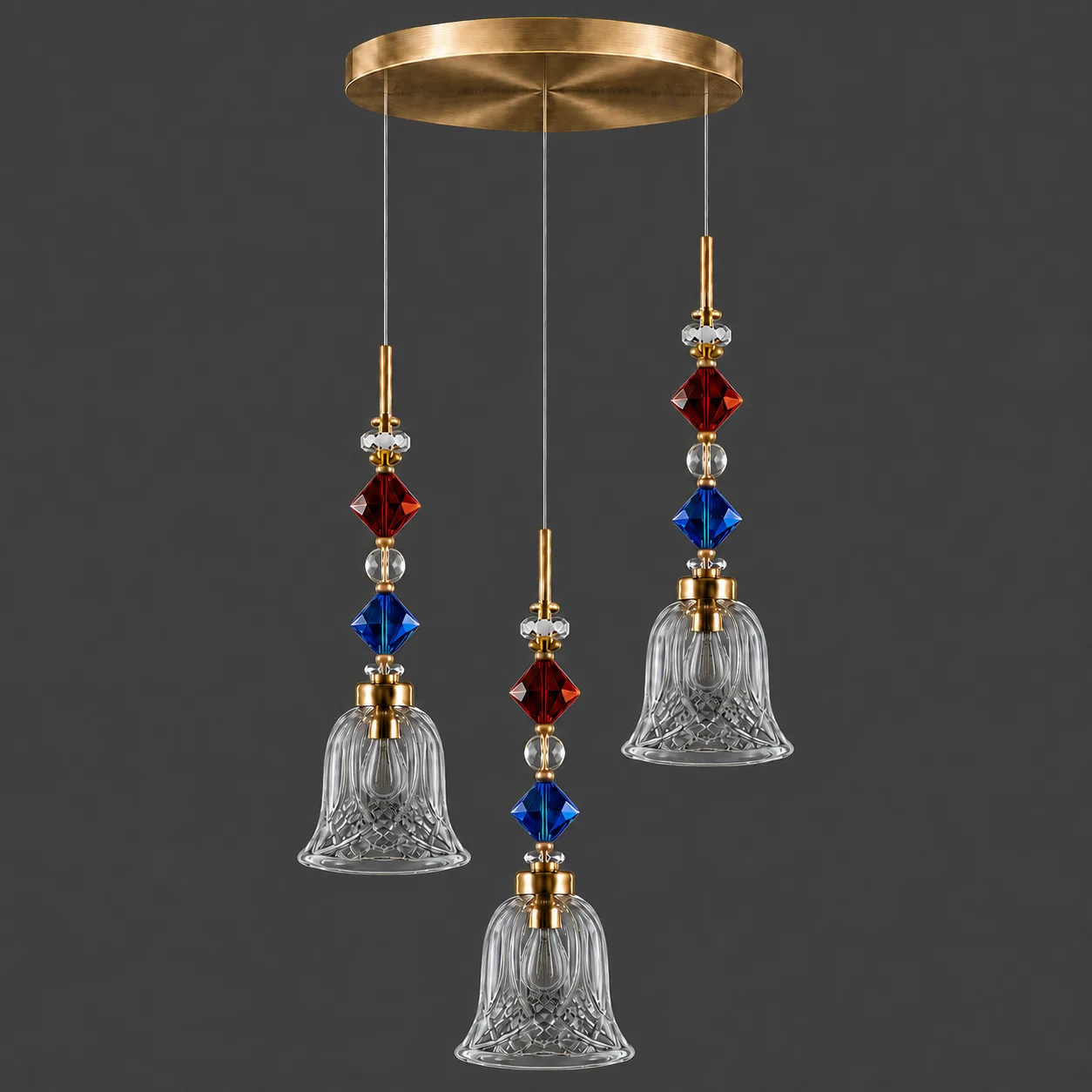 Crystal Bell Pendant Light – 3-Light Cluster with Coloured Crystal Beads | Jagmag Lights 5 Crystal bell pendant cluster grey background — 120 mm cut-glass bell shades JagMag Lights