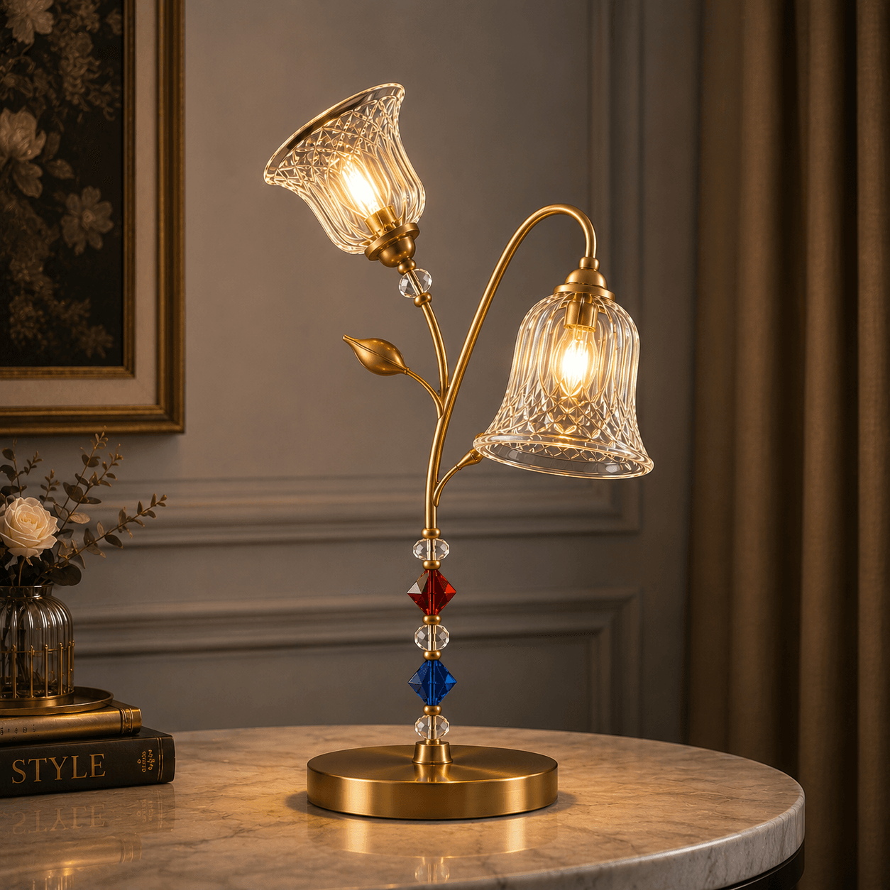 Double Glass Table Lamp – Twin Cut-Glass Bell Sconce with Crystal Bead Stem | Jagmag Lights 6 Double glass table lamp on marble side table in living room — warm filament glow from twin cut-glass bell shades