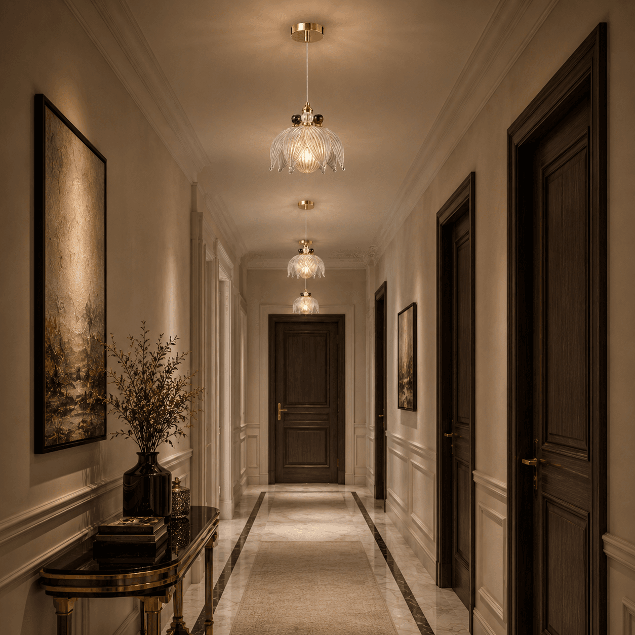 Glass Petal Pendant Light — Ribbed Flower Shade with Coloured Orb Collar 6 Glass petal pendant lights in corridor — three ribbed flower pendants in a row with warm filament glow, polished gold canopies, classic paneled hallway