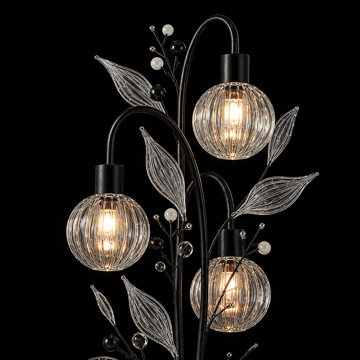 Crystal Berry Botanical Table Lamp — 3-Light Ribbed Glass Globe & Leaf Tree 6 Crystal berry botanical table lamp close-up detail on black background — ribbed glass globe cage shades lit with warm E27 filament, clear ribbed glass leaves and matte black and white pearl bead branch sprays
