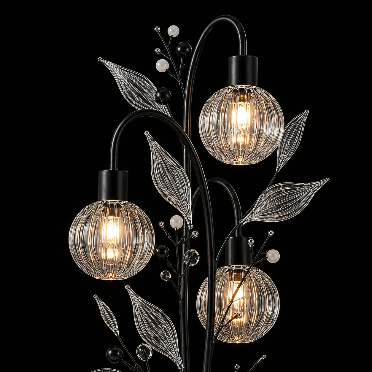 Crystal Berry Botanical Table Lamp— 3-Light Ribbed Glass Globe & Leaf Tree 5 Crystal berry botanical table lamp close-up detail on black background — ribbed glass globe cage shades lit with warm E27 filament, clear ribbed glass leaves and matte black and white pearl bead branch sprays