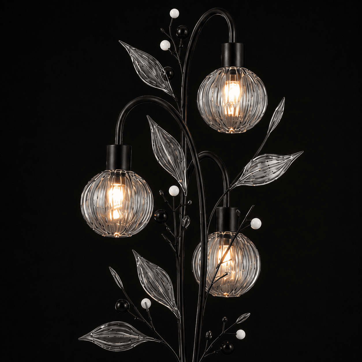Crystal Berry Botanical Floor Lamp — 3-Light Ribbed Glass Globe & Leaf Tree 6 Crystal berry botanical floor lamp close-up detail on black background — ribbed clear glass globe cage shades lit with warm E27 filament, clear ribbed glass leaves and matte black and white pearl bead branch sprays