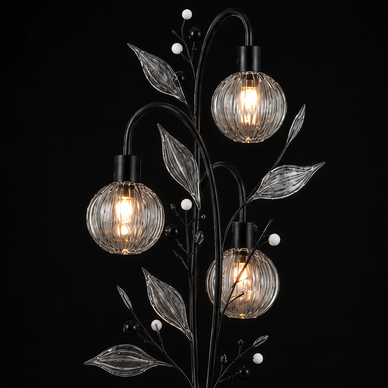 Crystal Berry Botanical Floor Lamp – 3-Light Ribbed Glass Globe Tree 6 Crystal berry botanical floor lamp close-up detail on black background — ribbed clear borosilicate glass globe cage shades lit with warm E27 filament, clear ribbed glass leaves and matte black and white pearl bead branch sprays