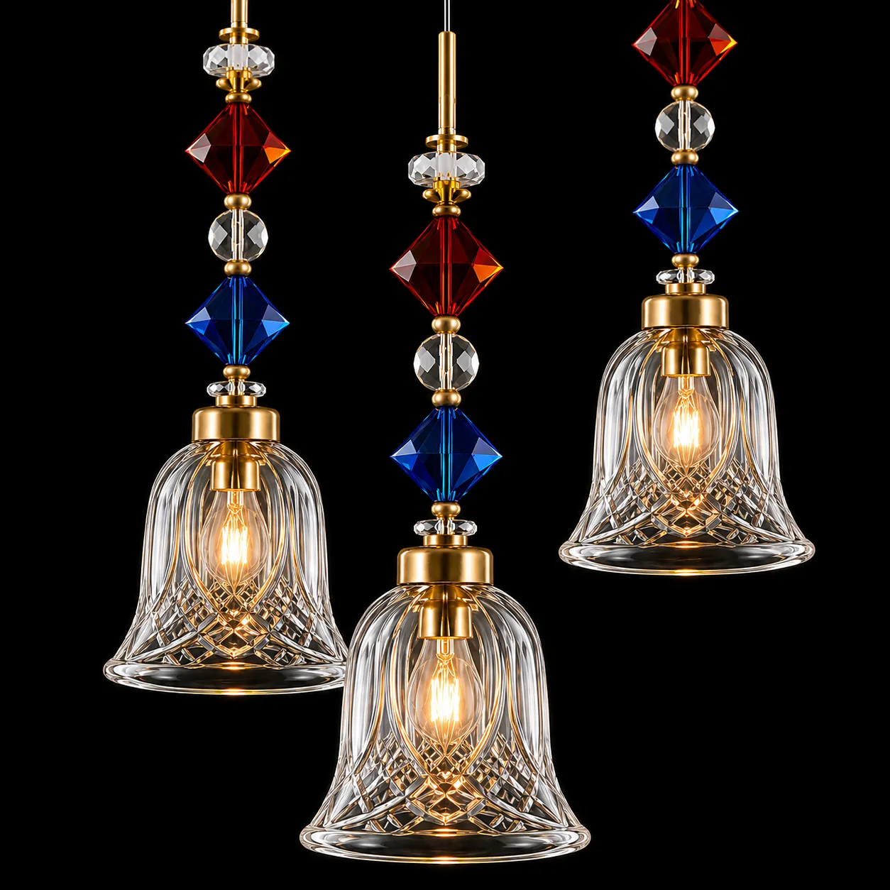 Crystal Bell Pendant Light – 3-Light Cluster with Coloured Crystal Beads | Jagmag Lights 6 Crystal bell pendant light close-up — diamond-lattice cut glass and coloured crystal bead detail