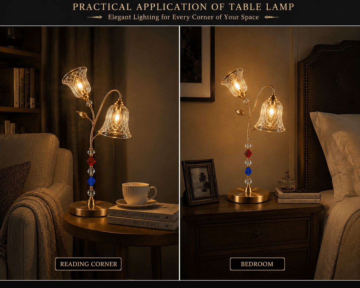 Double Glass Table Lamp – Twin Cut-Glass Bell Sconce with Crystal Bead Stem | Jagmag Lights 7 Double glass table lamp lifestyle — reading corner and bedroom bedside applications with warm ambient light