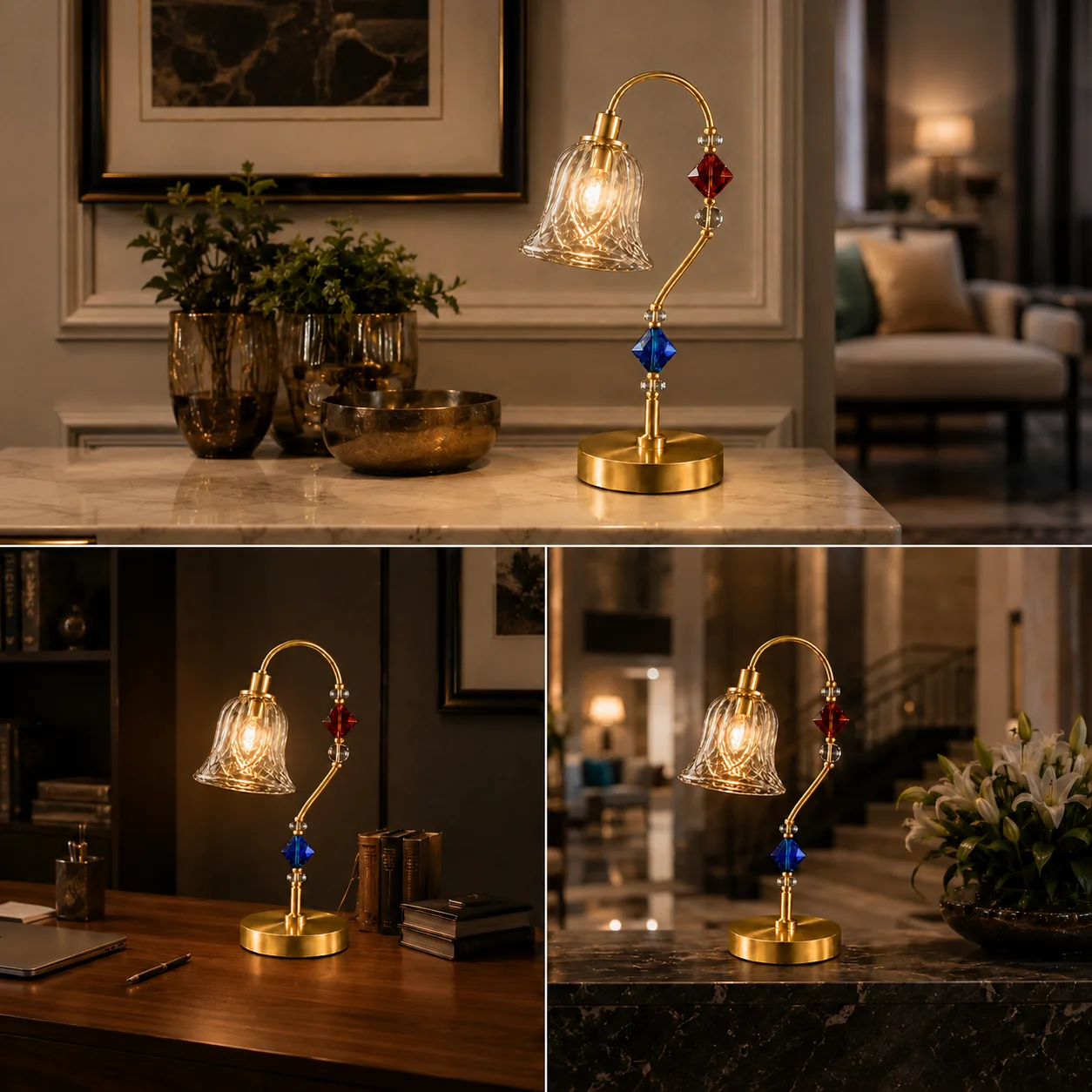 Single Glass Table Lamp — Cut Glass Bell Sconce 7 Single glass table lamp in three settings — marble console table, study desk, and hotel lobby — JagMag Lights Made in India