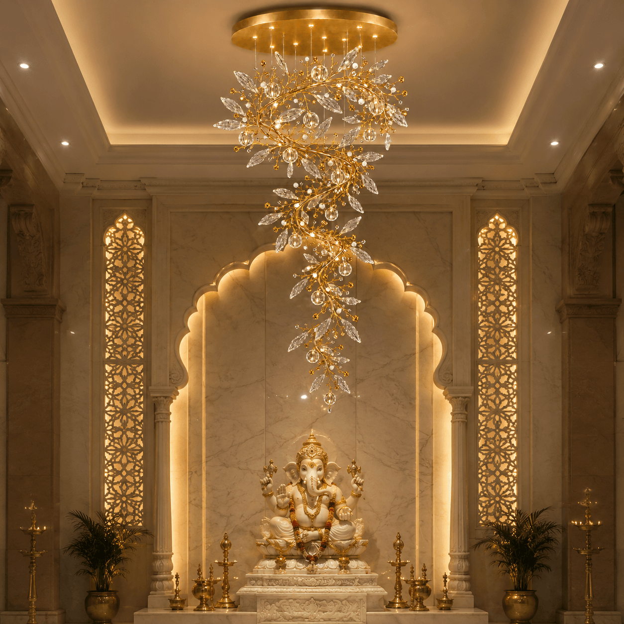 Crystal Vine Foyer Chandelier — Spiral Leaf & Globe Crystal Cascade 7 Crystal vine foyer chandelier in temple pooja room — warm glow over marble arch and Ganesha idol, satin gold spiral cascade