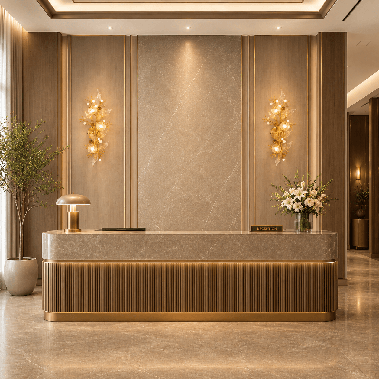Crystal Botanical Wall Sconce — 3-Light Glass Globe & Leaf Bouquet 7 Crystal botanical wall sconce in hotel reception lobby — two sconces flanking marble feature wall above reception desk, warm golden glow