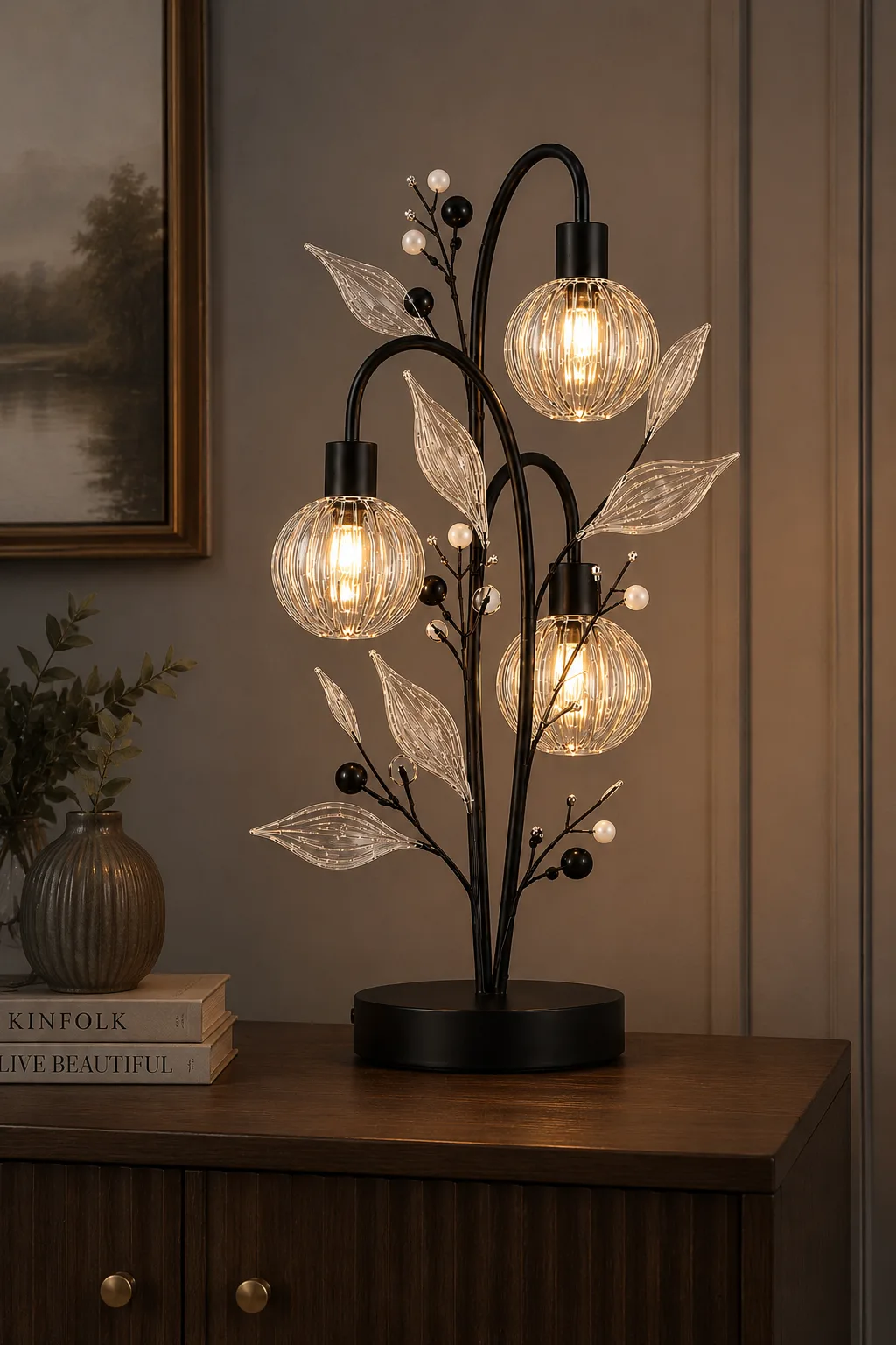 Crystal Berry Botanical Table Lamp— 3-Light Ribbed Glass Globe & Leaf Tree 6 Crystal berry botanical table lamp on living room sideboard — three ribbed glass globes glowing warm amber on black branch tree, warm paneled wall setting with books and ribbed vase