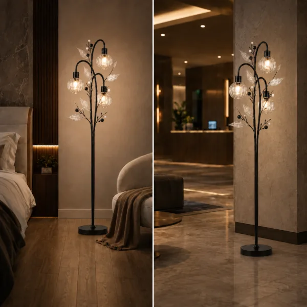 Crystal berry botanical floor lamp in bedroom and hotel lobby — warm amber glow beside bed with reading chair (left) and standing at hotel entrance corridor (right) — JagMag Lights