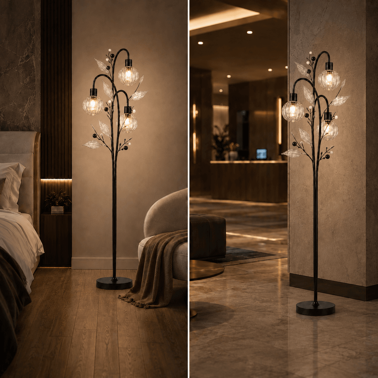 Crystal Berry Botanical Floor Lamp — 3-Light Ribbed Glass Globe & Leaf Tree 7 Crystal berry botanical floor lamp in bedroom and hotel lobby — warm amber glow beside bed with reading chair (left) and standing at hotel entrance corridor (right) — JagMag Lights