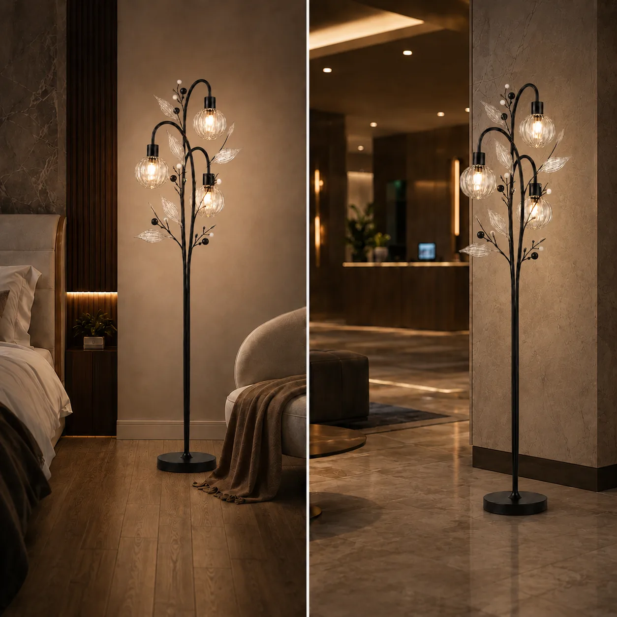 Crystal Berry Botanical Floor Lamp – 3-Light Ribbed Glass Globe Tree 7 Crystal berry botanical floor lamp in bedroom and hotel lobby — warm amber glow beside bed with reading chair (left) and standing at hotel entrance corridor (right) — JagMag Lights