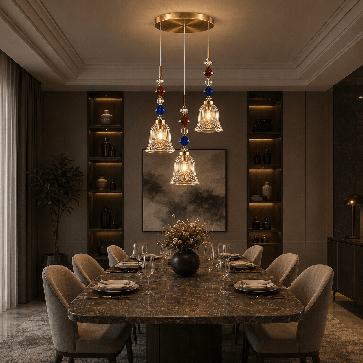 Crystal Bell Pendant Light – 3-Light Cluster with Coloured Crystal Beads | Jagmag Lights 7 Crystal bell pendant light over dining table — warm filament glow in luxury dining room setting