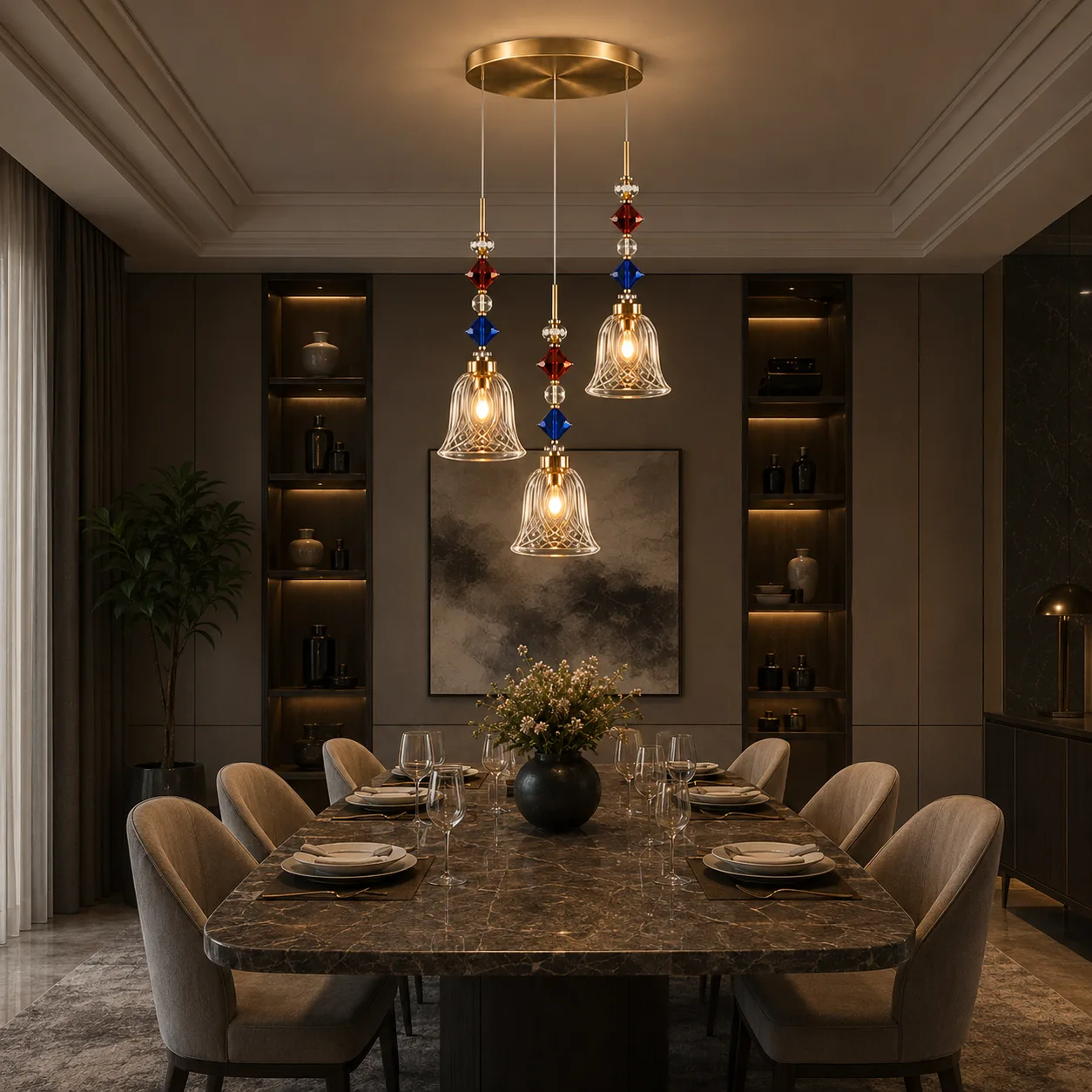 Crystal Bell Pendant Light – 3-Light Cluster with Coloured Crystal Beads | Jagmag Lights 7 Crystal bell pendant light over dining table — warm filament glow in luxury dining room setting