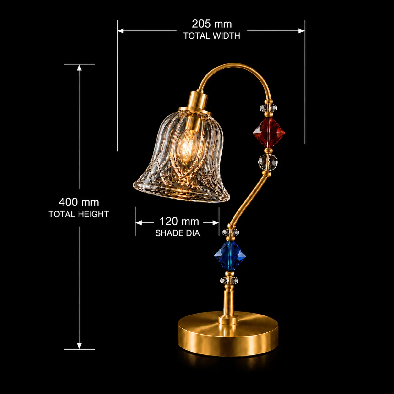 Single Glass Table Lamp — Cut Glass Bell Sconce 8 Single glass table lamp dimension diagram — 400 mm total height, 205 mm total width, 120 mm shade diameter — Jagmag Lights JML-413