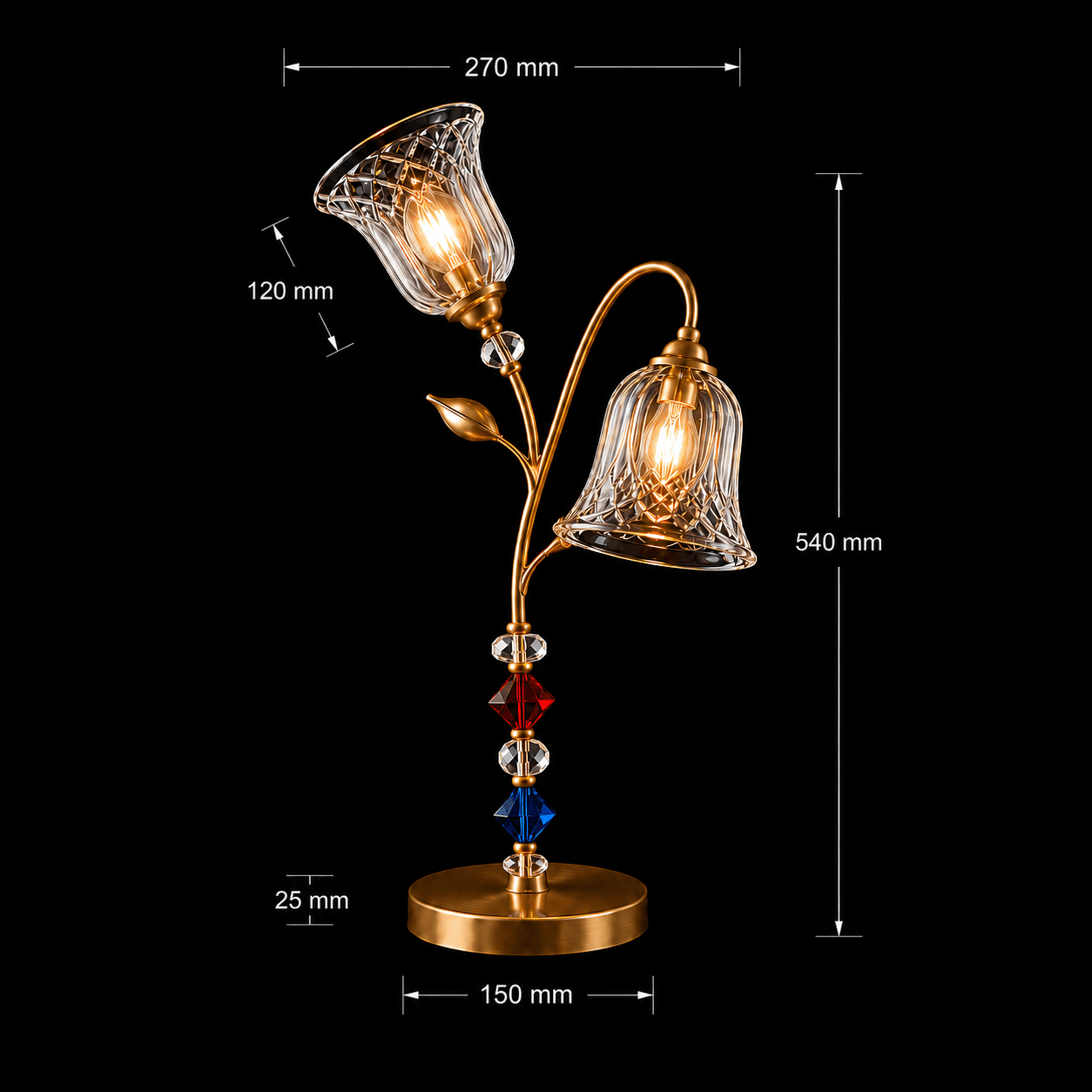 Double Glass Table Lamp – Twin Cut-Glass Bell Sconce with Crystal Bead Stem | Jagmag Lights 8 Double glass table lamp dimensions — 540 mm tall, 270 mm wide, Ø150 mm base, Ø120 mm cut-glass bell shades