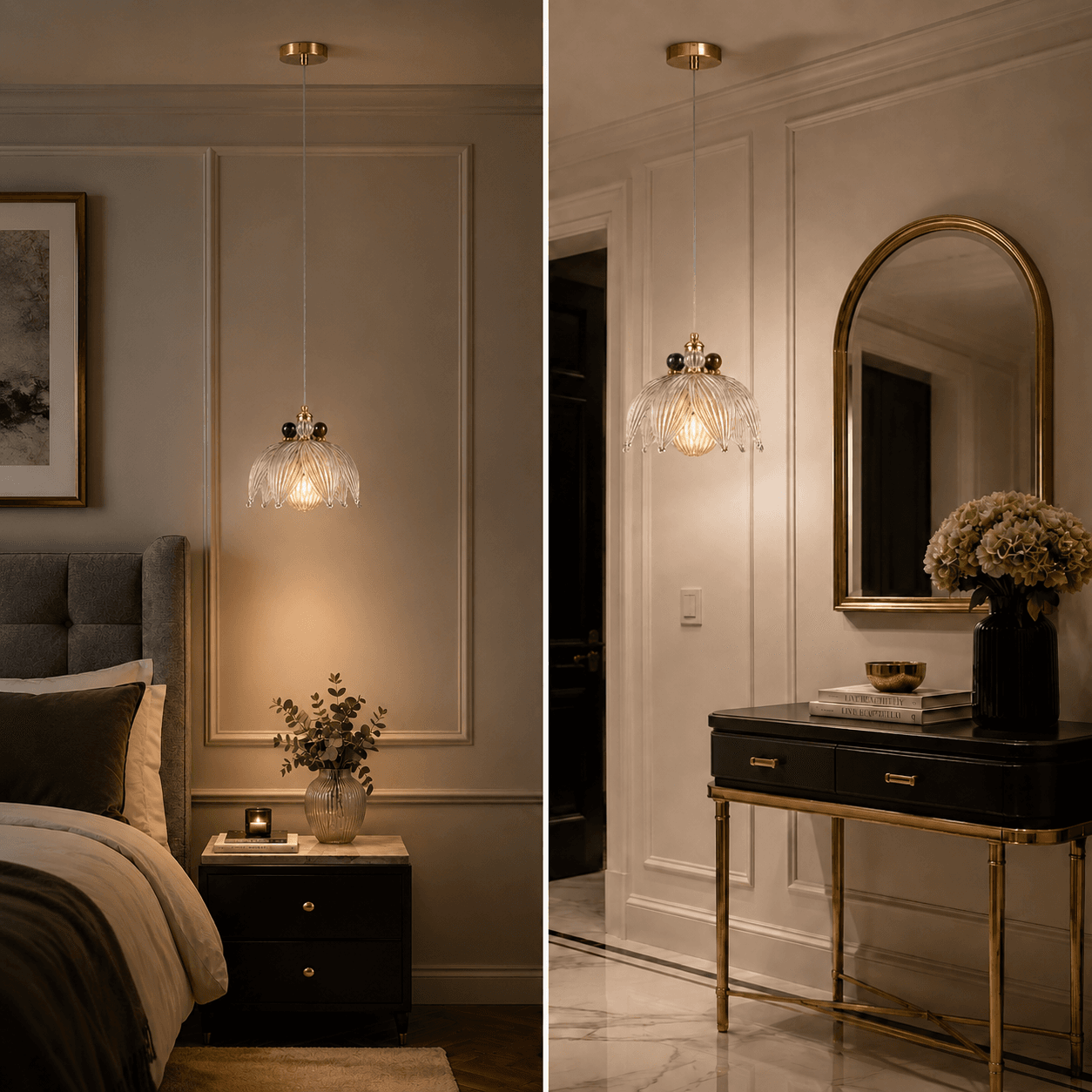 Glass Petal Pendant Light — Ribbed Flower Shade with Coloured Orb Collar 8 Glass petal pendant light in bedroom and vanity area — bedside pendant with warm amber glow (left) and dressing console with gold arch mirror (right)