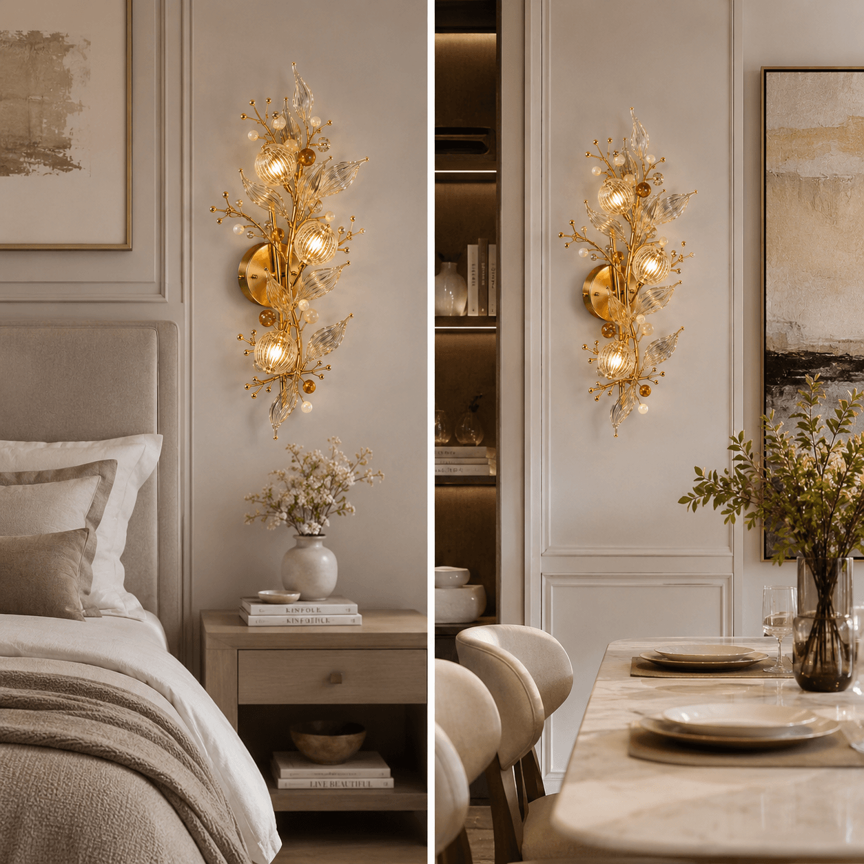 Crystal Botanical Wall Sconce — 3-Light Glass Globe & Leaf Bouquet 8 Crystal botanical wall sconce in bedroom and dining room — gold bouquet sconce above bedside table (left) and adjacent to dining table with marble surface (right)