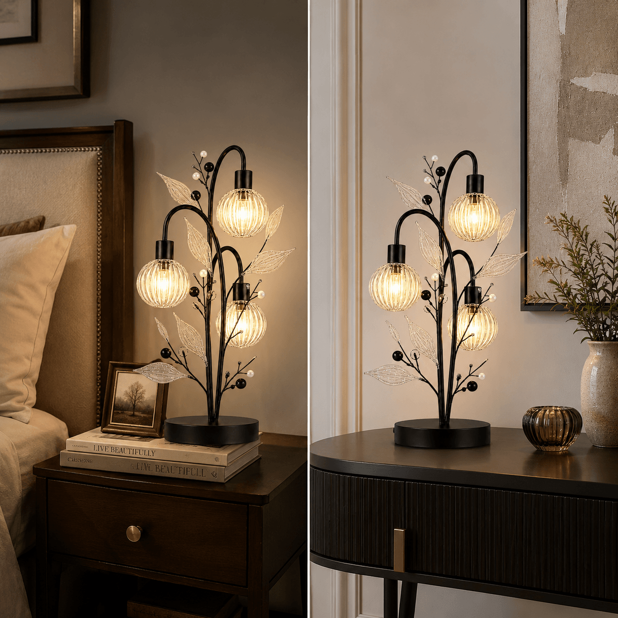 Crystal Berry Botanical Table Lamp — 3-Light Ribbed Glass Globe & Leaf Tree 8 Crystal berry botanical table lamp in bedroom and entryway — warm amber glow on bedside table with photo frame (left) and on dark console table with vase (right) — JagMag Lights