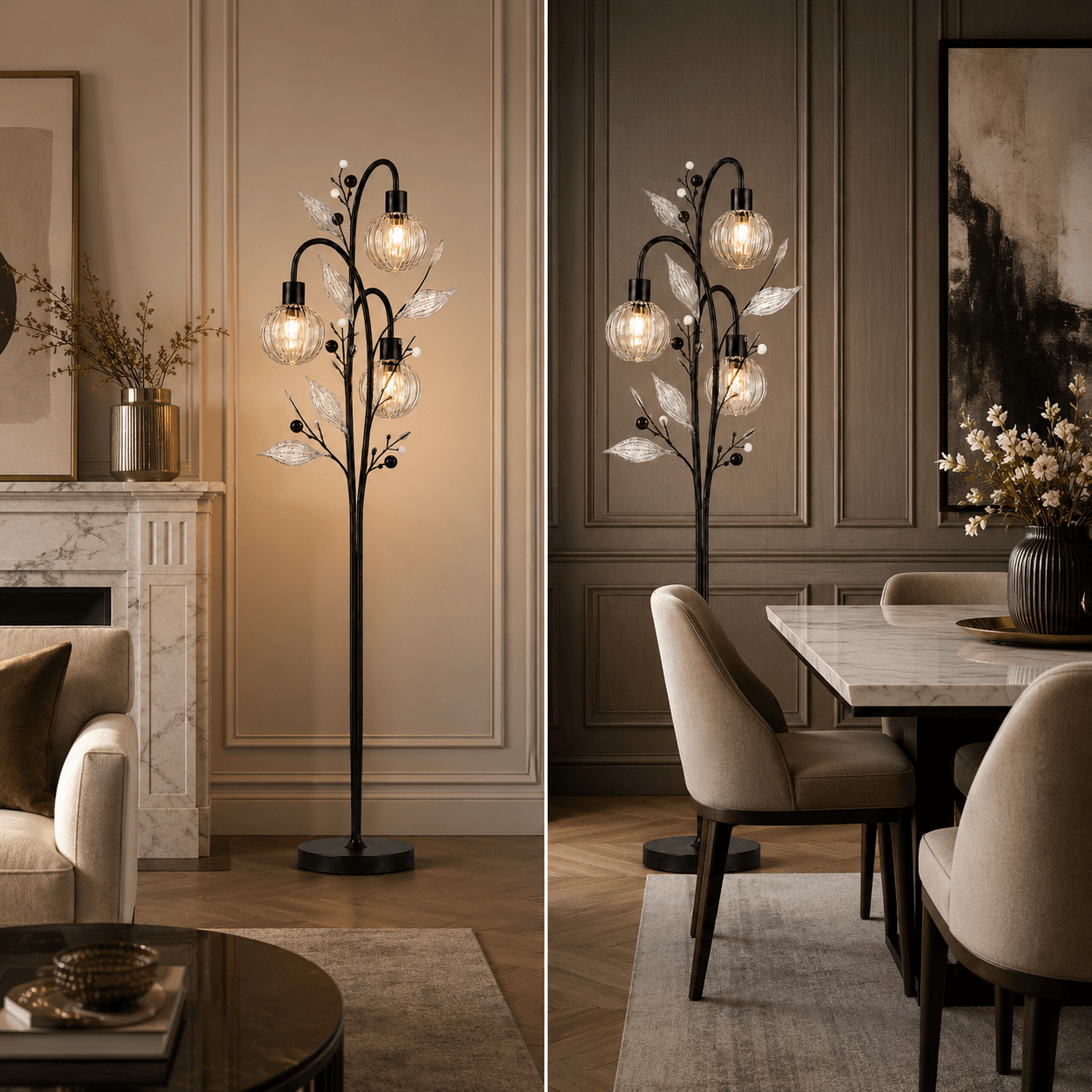 Crystal Berry Botanical Floor Lamp — 3-Light Ribbed Glass Globe & Leaf Tree 8 Crystal berry botanical floor lamp in living room and dining room — warm glow beside fireplace and sofa (left) and standing beside marble dining table (right) — JagMag Lights Made in India