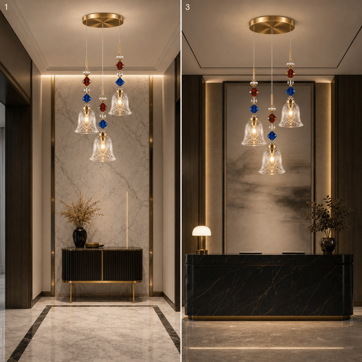 Crystal Bell Pendant Light – 3-Light Cluster with Coloured Crystal Beads | Jagmag Lights 8 Crystal bell pendant light in foyer and hotel lobby — marble wall and reception desk installations
