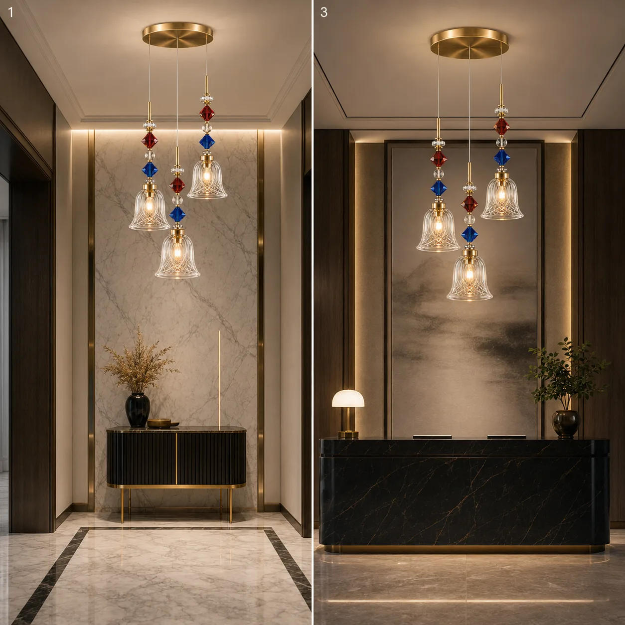 Crystal Bell Pendant Light – 3-Light Cluster with Coloured Crystal Beads | Jagmag Lights 8 Crystal bell pendant light in foyer and hotel lobby — marble wall and reception desk installations