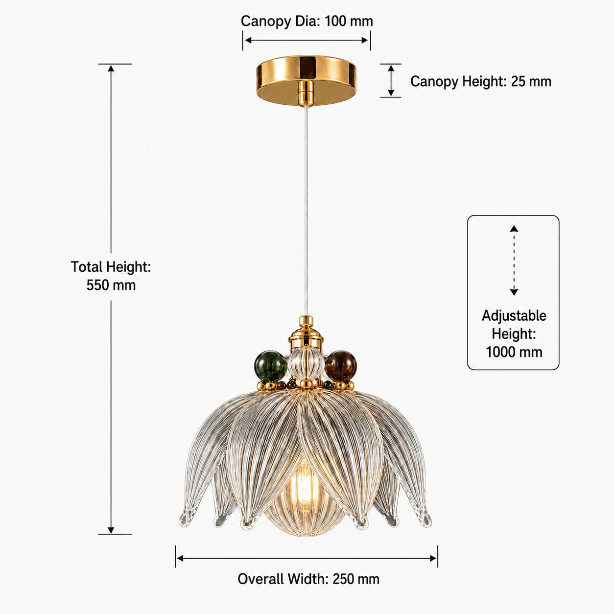 Glass Petal Pendant Light — Ribbed Flower Shade with Coloured Orb Collar 9 Glass petal pendant light dimensions — Ø250 mm shade width, 550 mm total height, adjustable drop to 1,000 mm, Ø100 mm canopy × 25 mm height