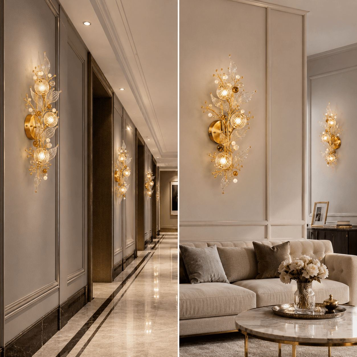 Crystal Botanical Wall Sconce — 3-Light Glass Globe & Leaf Bouquet 9 Crystal botanical wall sconce in hotel corridor and living room — repeated in row down corridor (left) and flanking sofa feature wall (right) — JagMag Lights Made in India