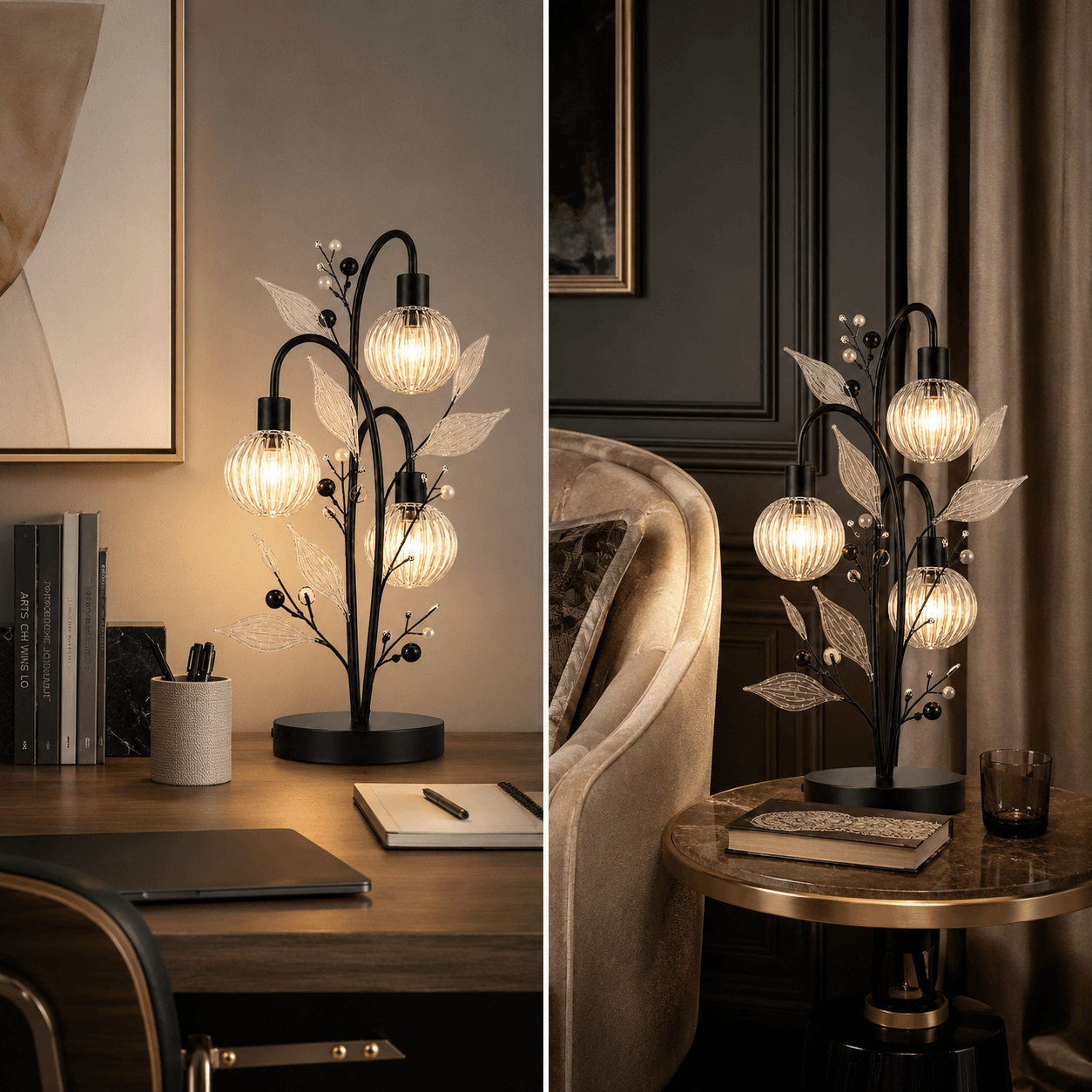 Crystal Berry Botanical Table Lamp — 3-Light Ribbed Glass Globe & Leaf Tree 9 Crystal berry botanical table lamp in study and living room — warm filament glow on study desk (left) and on marble-top side table beside velvet armchair (right) — JagMag Lights Made in India