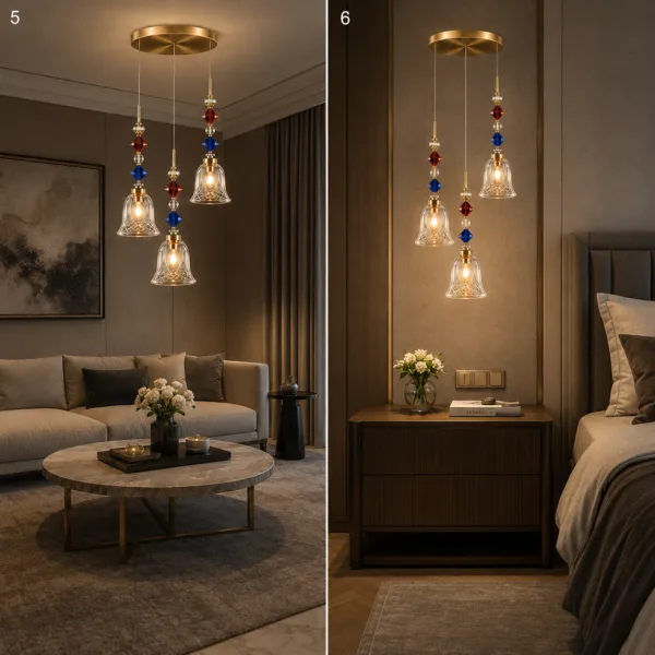 Bell cut light in a living room over a sofa and beside a bed: three-light cut borosilicate glass bell cluster with crystal beads