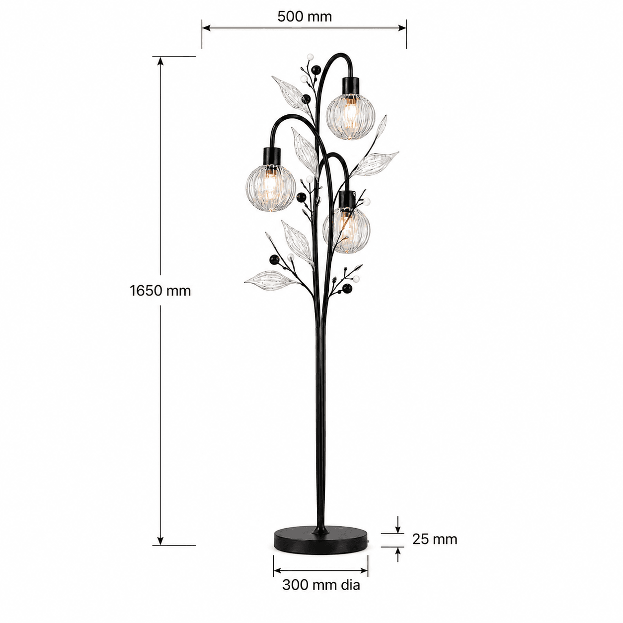 Crystal Berry Botanical Floor Lamp — 3-Light Ribbed Glass Globe & Leaf Tree 9 Crystal berry botanical floor lamp dimensions — 1650 mm total height, 500 mm total width, Ø300 mm base diameter, 25 mm base height