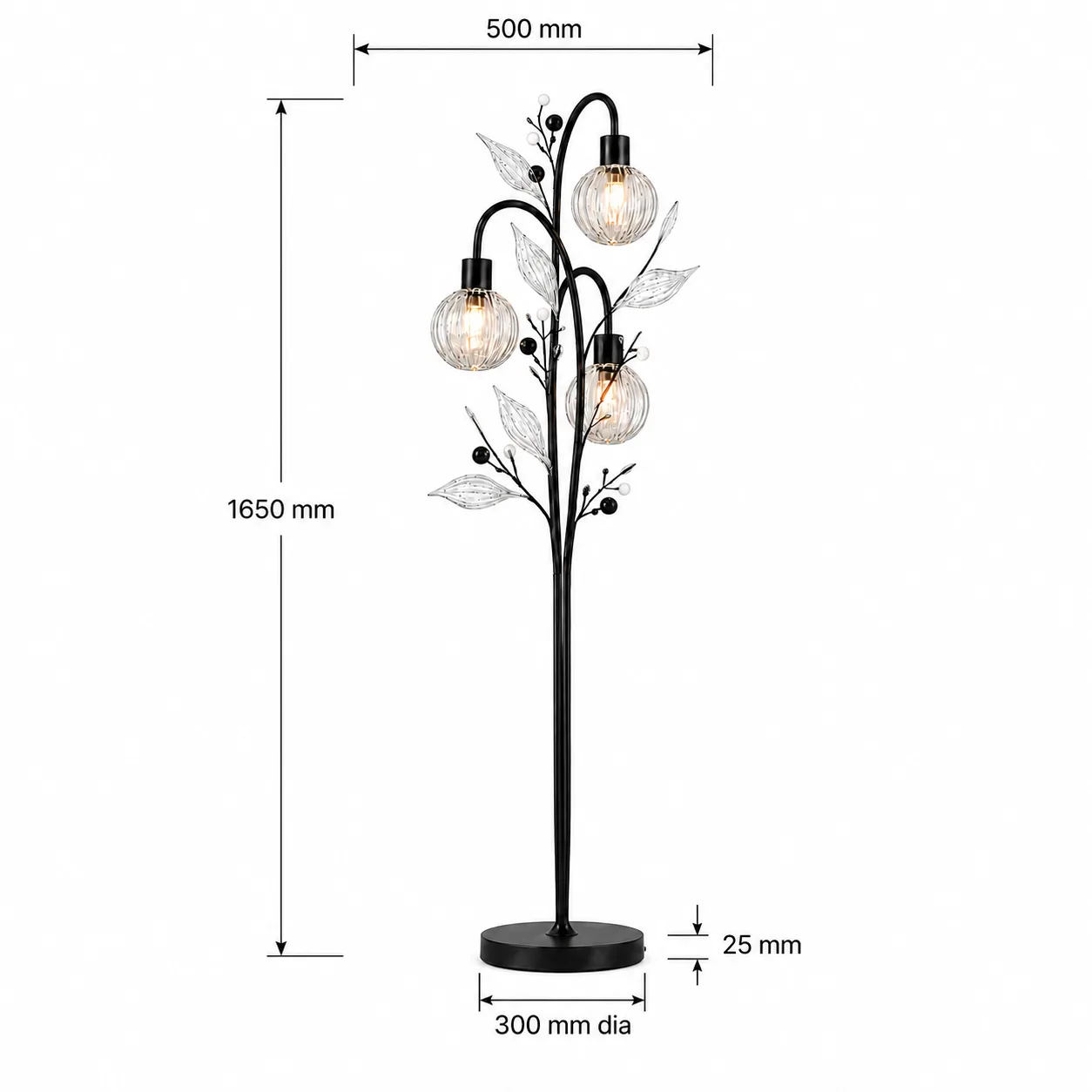 Crystal Berry Botanical Floor Lamp – 3-Light Ribbed Glass Globe Tree 9 Crystal berry botanical floor lamp dimensions — 1650 mm total height, 500 mm total width, Ø300 mm base diameter, 25 mm base height