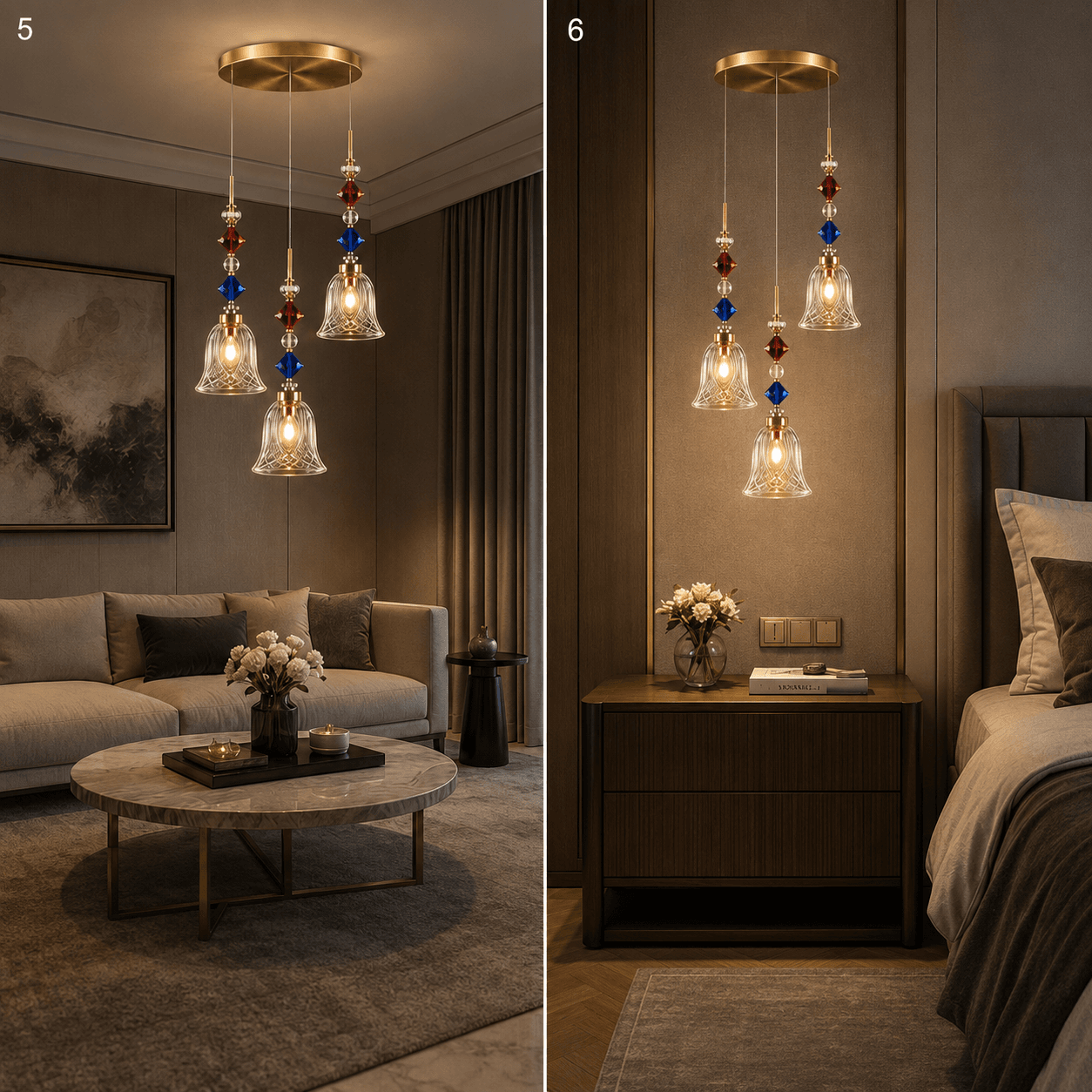 Crystal Bell Pendant Light – 3-Light Cluster with Coloured Crystal Beads | Jagmag Lights 9 Crystal bell pendant light in living room and bedroom — versatile placement for home interiors