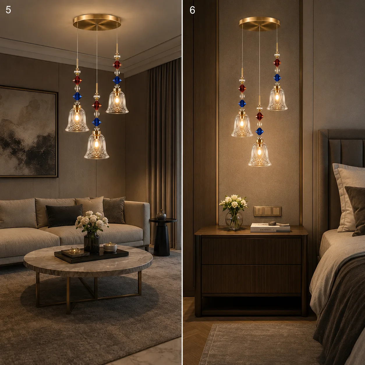Crystal Bell Pendant Light – 3-Light Cluster with Coloured Crystal Beads | Jagmag Lights 9 Crystal bell pendant light in living room and bedroom — versatile placement for home interiors