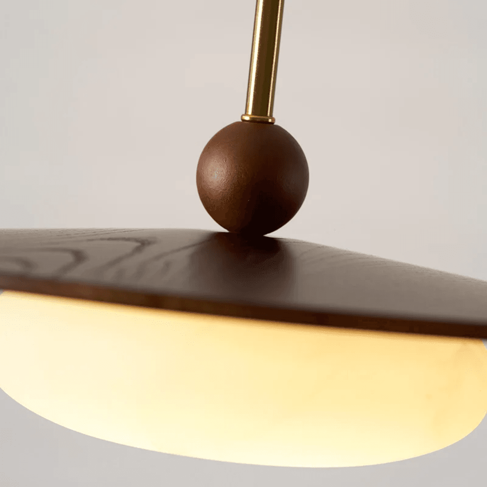 Wood and Alabaster Pendant Light – Teak Disc & Glowing Stone 35 cm | Jagmag Lights 11 Detail of the alabaster diffuser glowing beneath the teak wood disc – Jagmag Lights
